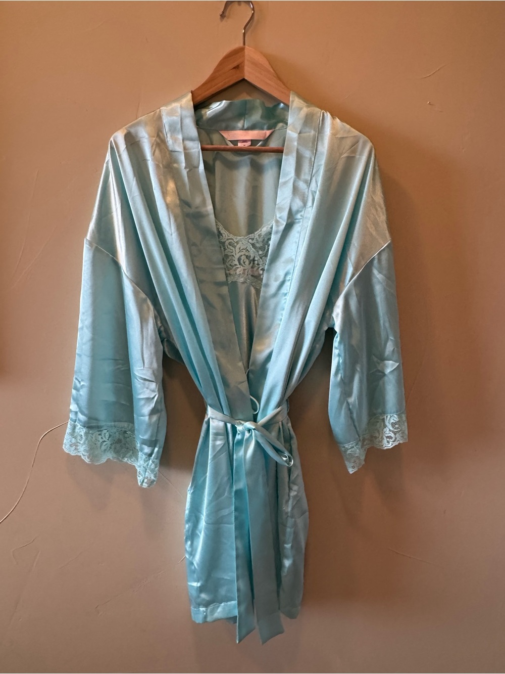 Vintage Y2K Victoria's Secret Light Blue Satin Lace-Trim Robe and Chemise Set